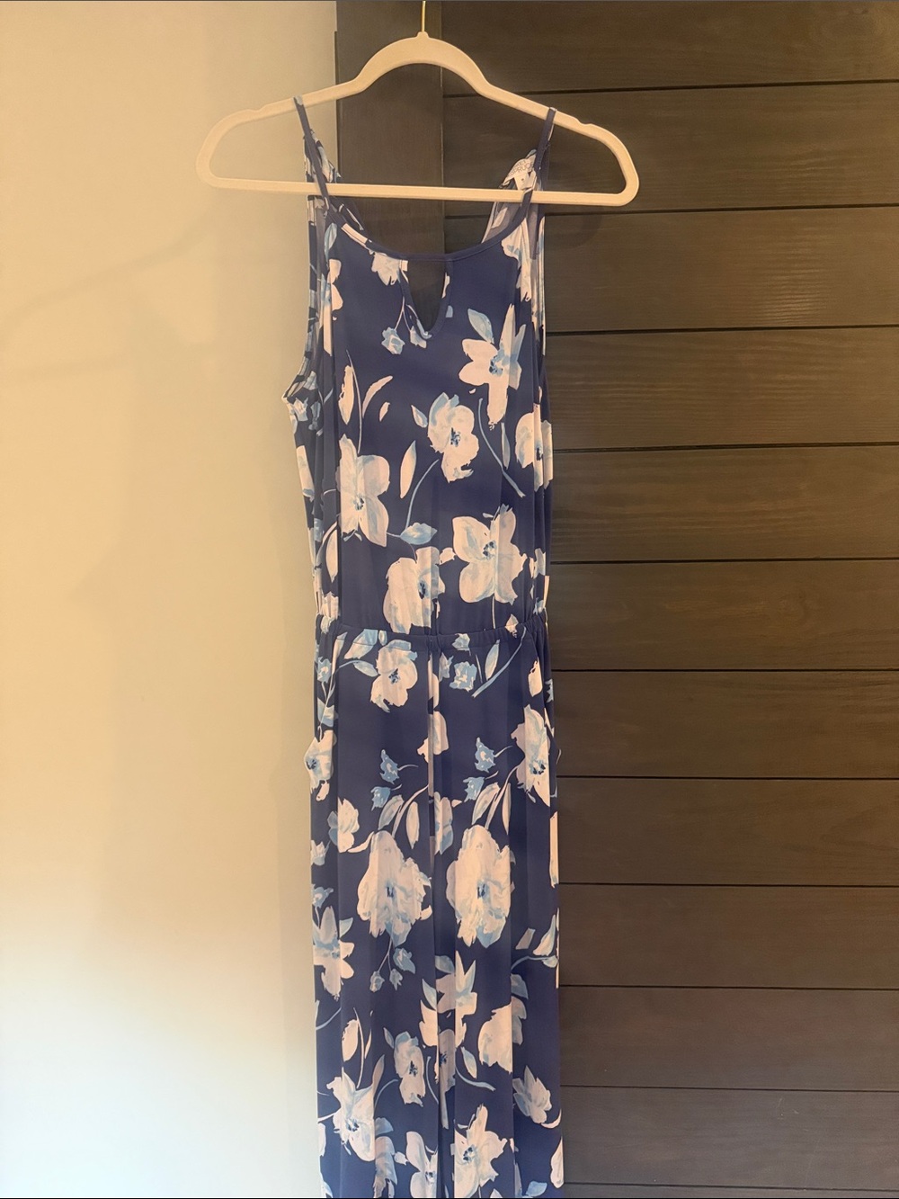Market & Spruce Navy Blue Floral Jumpsuit with Pale Pink Blooms